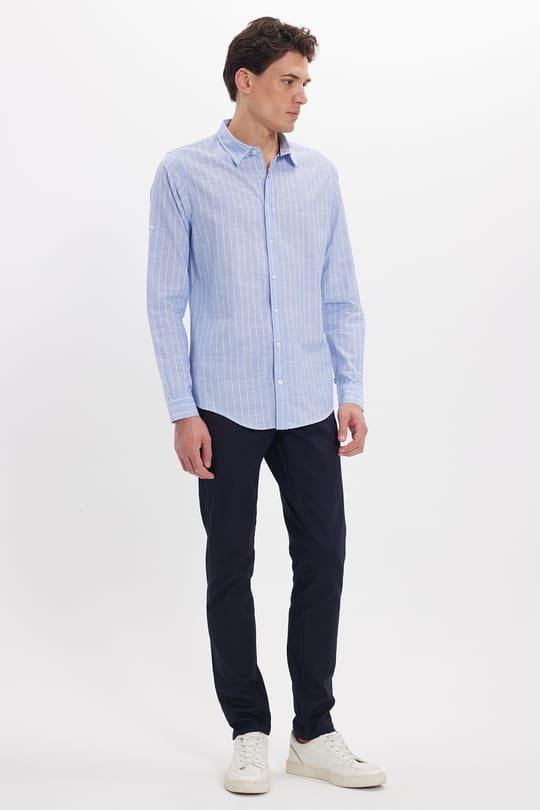 Erkek Slim Fit Dar Kesim Uzun Kollu %100 Pamuk Keten Doku Çizgili Gömlek