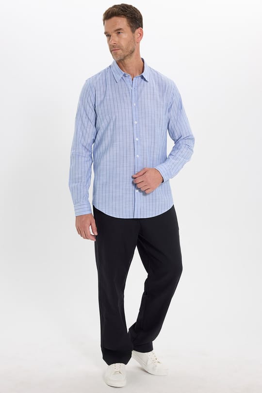 Erkek Slim Fit Dar Kesim Uzun Kollu %100 Pamuk Keten Doku Çizgili Gömlek