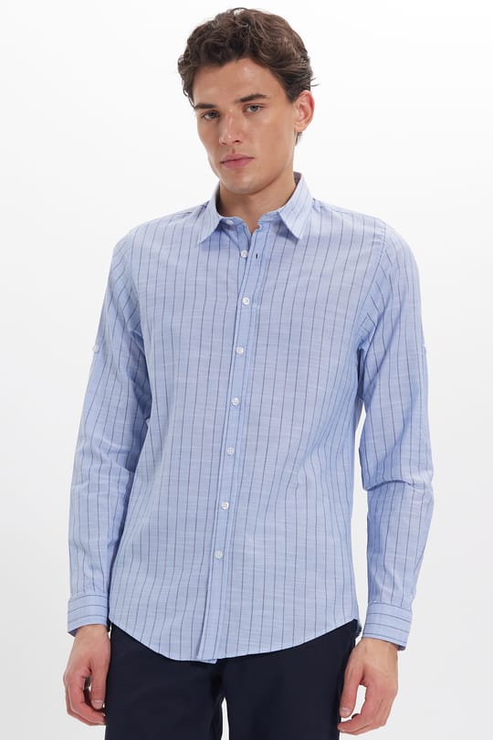 Erkek Slim Fit Dar Kesim Uzun Kollu %100 Pamuk Keten Doku Çizgili Gömlek