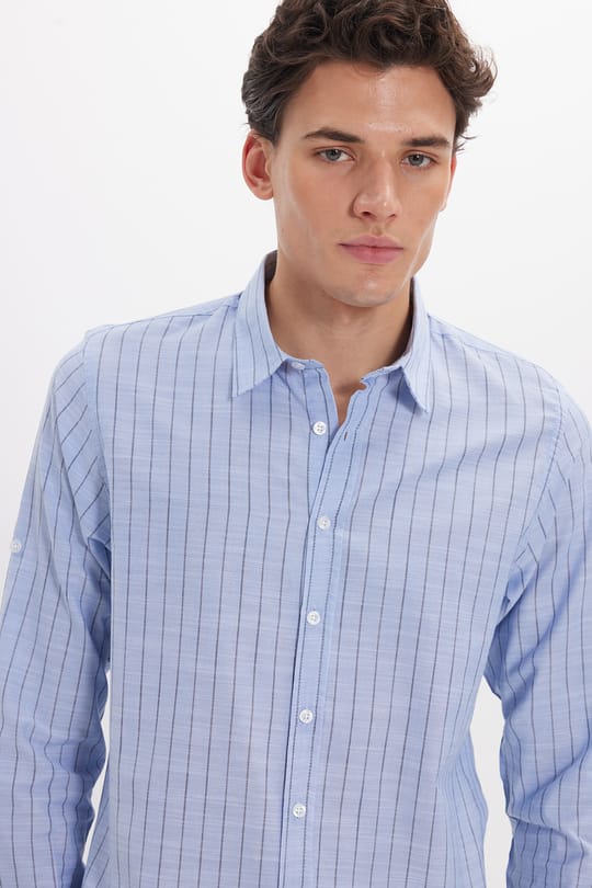 Erkek Slim Fit Dar Kesim Uzun Kollu %100 Pamuk Keten Doku Çizgili Gömlek