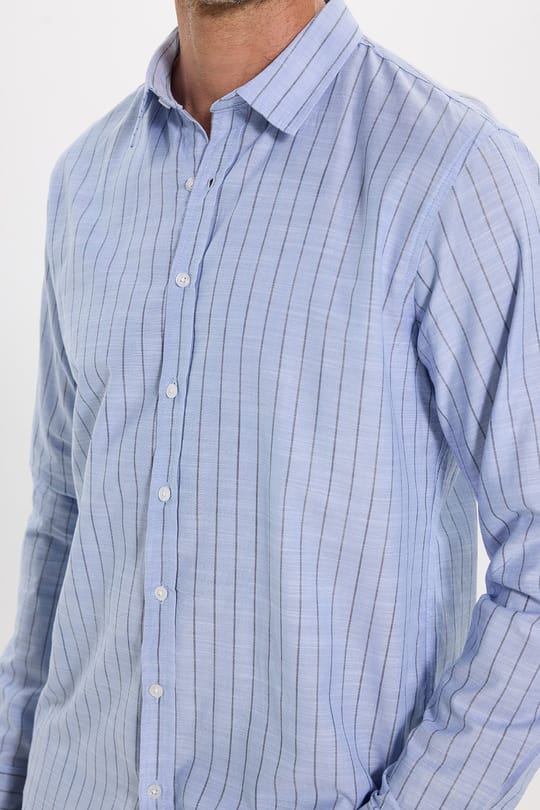 Erkek Slim Fit Dar Kesim Uzun Kollu %100 Pamuk Keten Doku Çizgili Gömlek