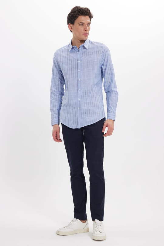 Erkek Slim Fit Dar Kesim Uzun Kollu %100 Pamuk Keten Doku Çizgili Gömlek