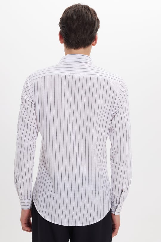 Erkek Slim Fit Dar Kesim Uzun Kollu %100 Pamuk Keten Doku Çizgili Gömlek
