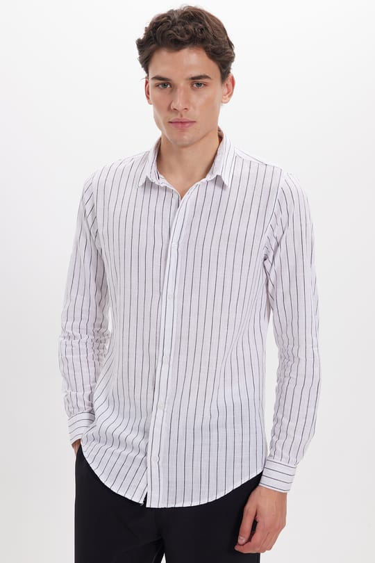 Erkek Slim Fit Dar Kesim Uzun Kollu %100 Pamuk Keten Doku Çizgili Gömlek