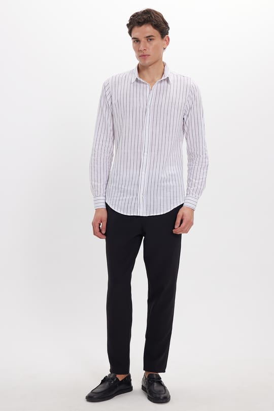 Erkek Slim Fit Dar Kesim Uzun Kollu %100 Pamuk Keten Doku Çizgili Gömlek