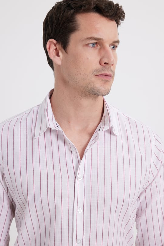 Erkek Slim Fit Dar Kesim Uzun Kollu %100 Pamuk Keten Doku Çizgili Gömlek