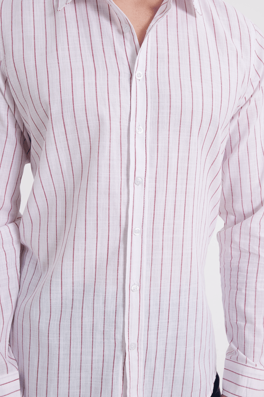 Erkek Slim Fit Dar Kesim Uzun Kollu %100 Pamuk Keten Doku Çizgili Gömlek