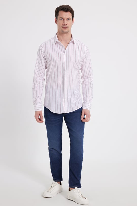 Erkek Slim Fit Dar Kesim Uzun Kollu %100 Pamuk Keten Doku Çizgili Gömlek