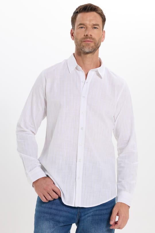 Erkek Slim Fit Dar Kesim Uzun Kollu %100 Pamuk Keten Doku Çizgili Gömlek