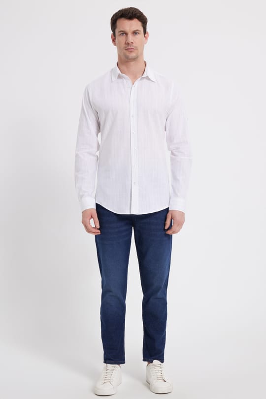 Erkek Slim Fit Dar Kesim Uzun Kollu %100 Pamuk Keten Doku Çizgili Gömlek
