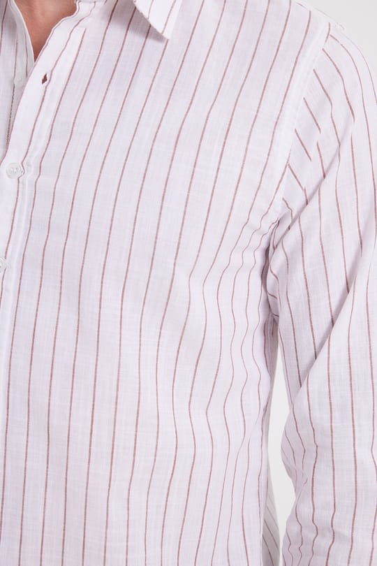 Erkek Slim Fit Dar Kesim Uzun Kollu %100 Pamuk Keten Doku Çizgili Gömlek