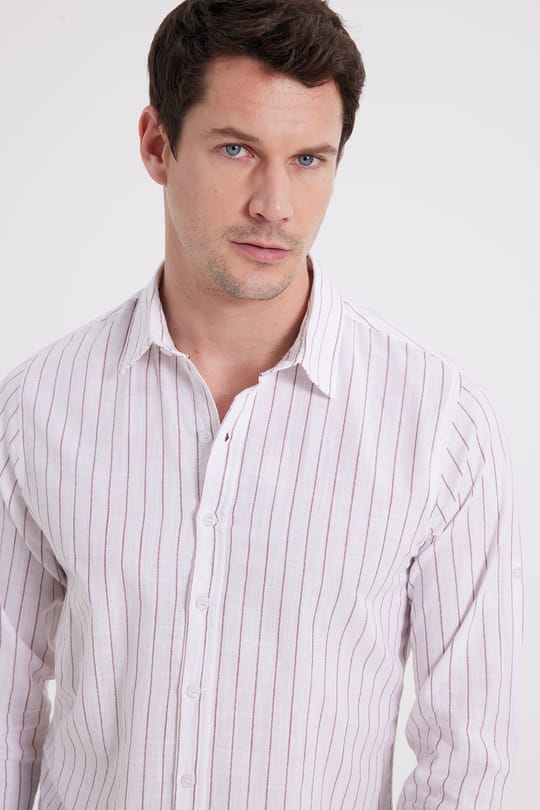 Erkek Slim Fit Dar Kesim Uzun Kollu %100 Pamuk Keten Doku Çizgili Gömlek