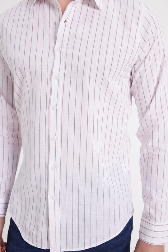 Erkek Slim Fit Dar Kesim Uzun Kollu %100 Pamuk Keten Doku Çizgili Gömlek