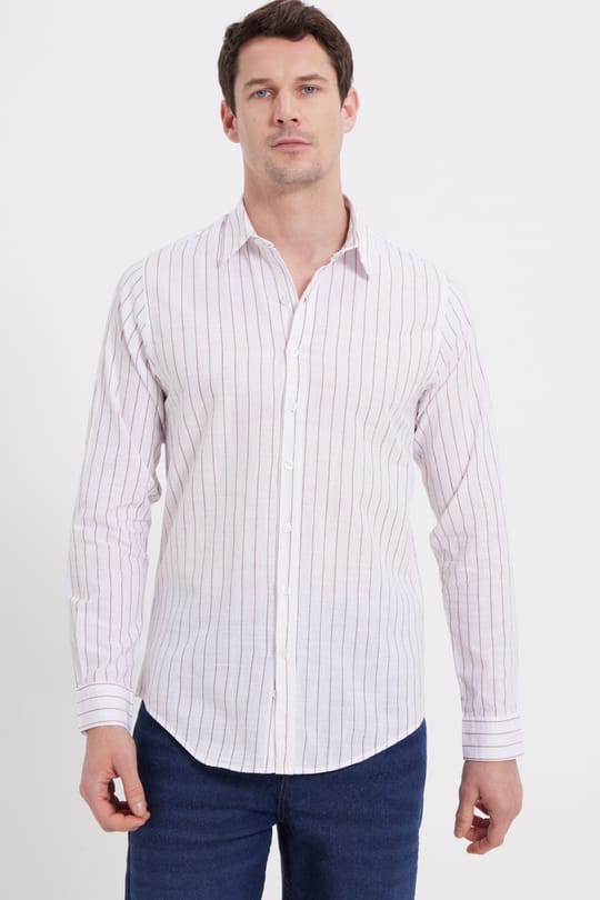 Erkek Slim Fit Dar Kesim Uzun Kollu %100 Pamuk Keten Doku Çizgili Gömlek