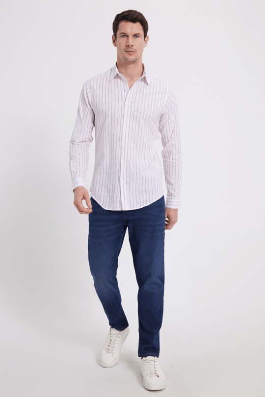 Erkek Slim Fit Dar Kesim Uzun Kollu %100 Pamuk Keten Doku Çizgili Gömlek