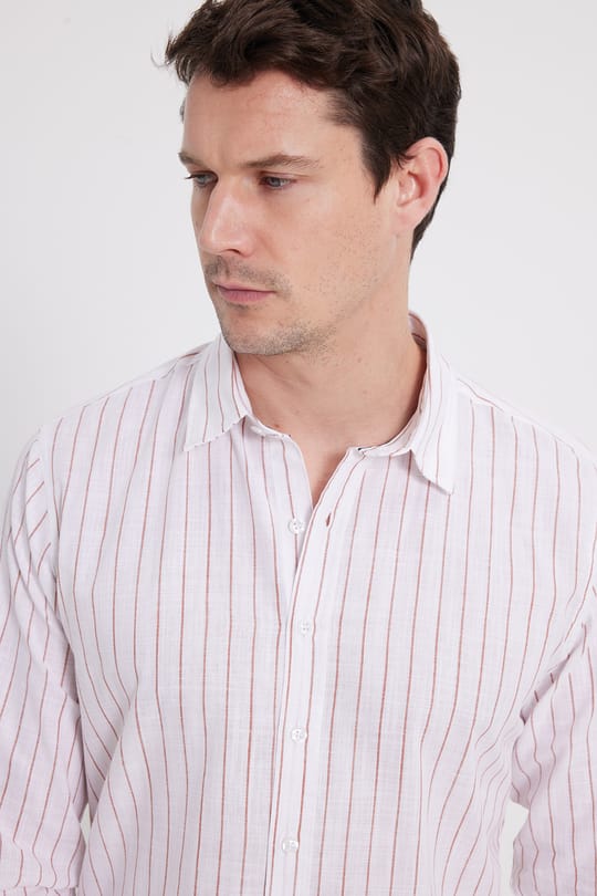 Erkek Slim Fit Dar Kesim Uzun Kollu %100 Pamuk Keten Doku Çizgili Gömlek