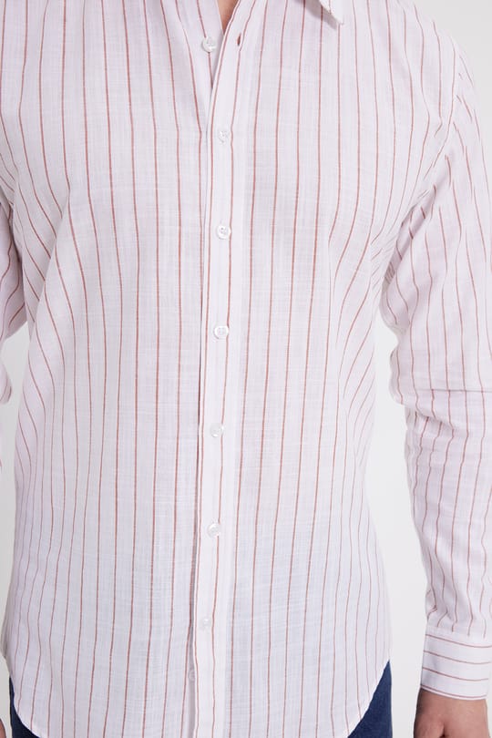 Erkek Slim Fit Dar Kesim Uzun Kollu %100 Pamuk Keten Doku Çizgili Gömlek