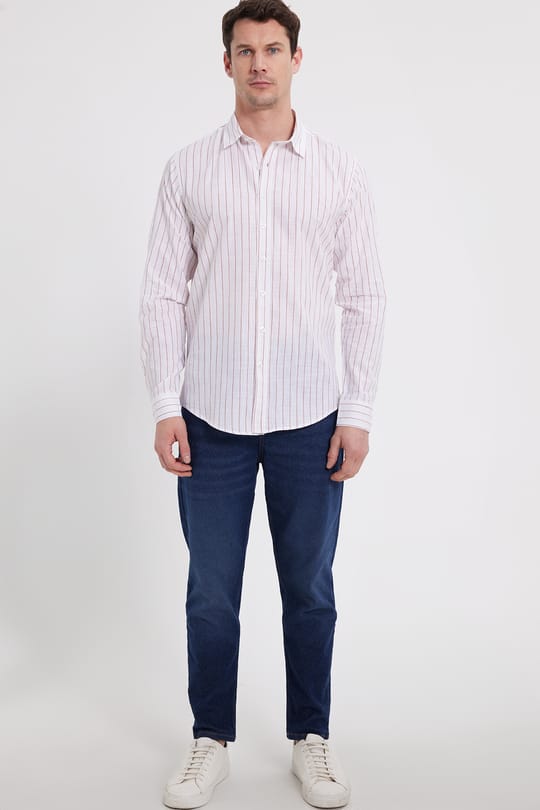 Erkek Slim Fit Dar Kesim Uzun Kollu %100 Pamuk Keten Doku Çizgili Gömlek
