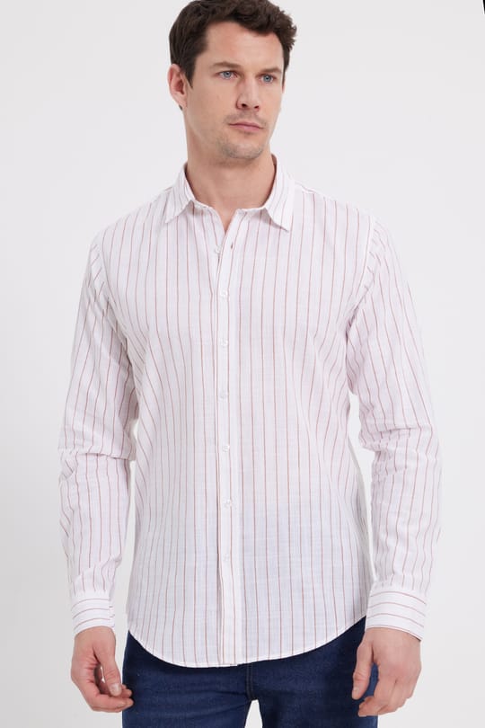Erkek Slim Fit Dar Kesim Uzun Kollu %100 Pamuk Keten Doku Çizgili Gömlek