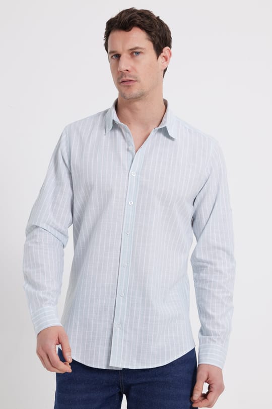 Erkek Slim Fit Dar Kesim Uzun Kollu %100 Pamuk Keten Doku Çizgili Gömlek