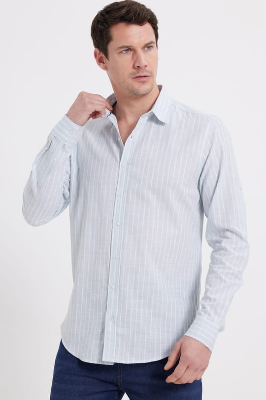 Erkek Slim Fit Dar Kesim Uzun Kollu %100 Pamuk Keten Doku Çizgili Gömlek