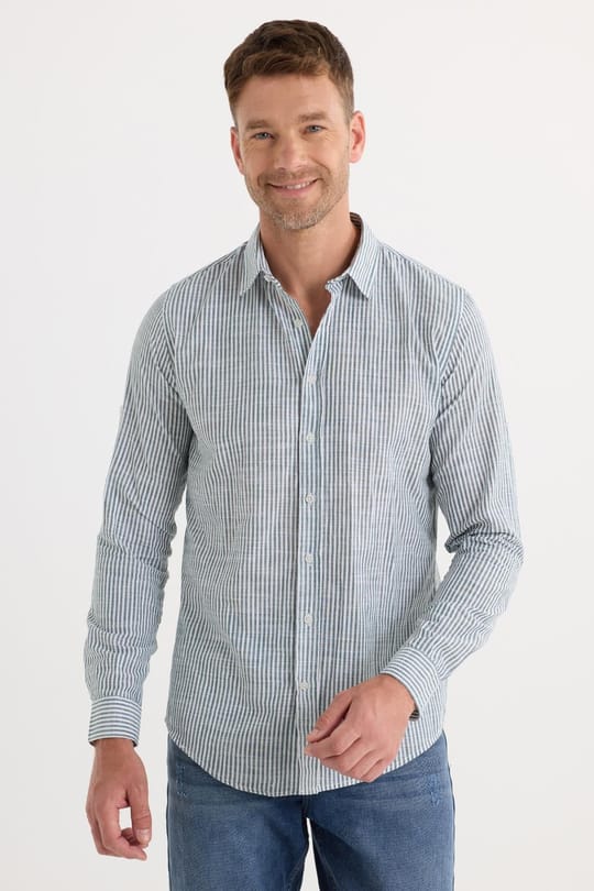 Erkek Slim Fit Dar Kesim Uzun Kollu %100 Pamuk Keten Doku Yeşil Çizgili Gömlek