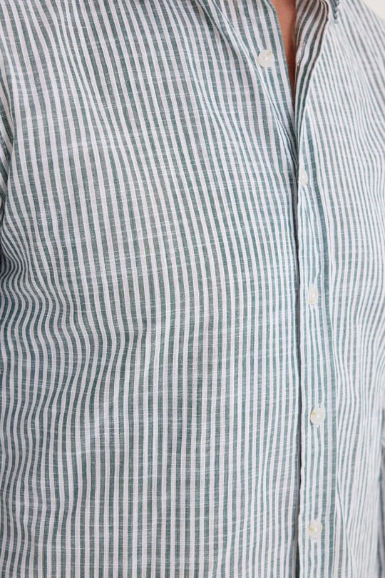 Erkek Slim Fit Dar Kesim Uzun Kollu %100 Pamuk Keten Doku Yeşil Çizgili Gömlek