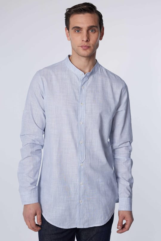 Erkek Slim Fit Dar Kesim Uzun Kollu %100 Pamuk Keten Doku Çizgili Hakim Yaka Gömlek