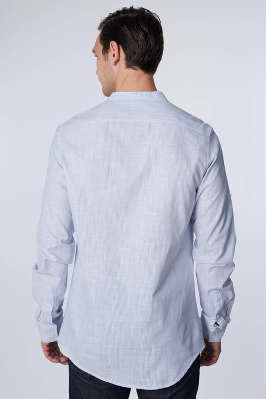 Erkek Slim Fit Dar Kesim Uzun Kollu %100 Pamuk Keten Doku Çizgili Hakim Yaka Gömlek