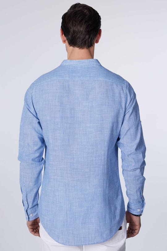 Erkek Slim Fit Dar Kesim Uzun Kollu %100 Pamuk Keten Doku Çizgili Hakim Yaka Gömlek