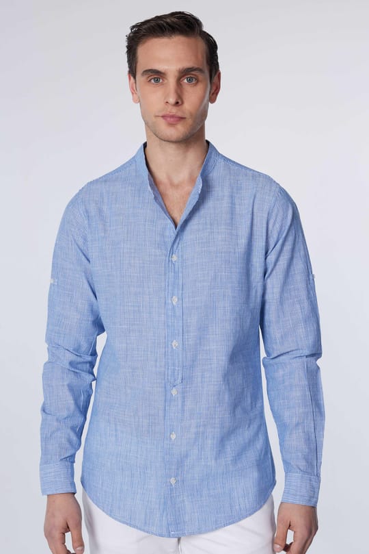 Erkek Slim Fit Dar Kesim Uzun Kollu %100 Pamuk Keten Doku Çizgili Hakim Yaka Gömlek