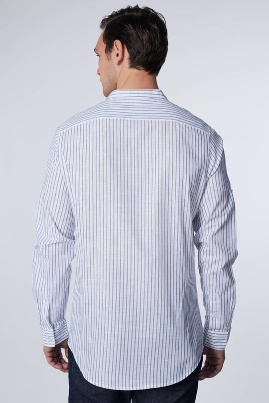 Erkek Slim Fit Dar Kesim Uzun Kollu %100 Pamuk Keten Doku Çizgili Hakim Yaka Gömlek
