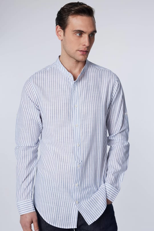 Erkek Slim Fit Dar Kesim Uzun Kollu %100 Pamuk Keten Doku Çizgili Hakim Yaka Gömlek