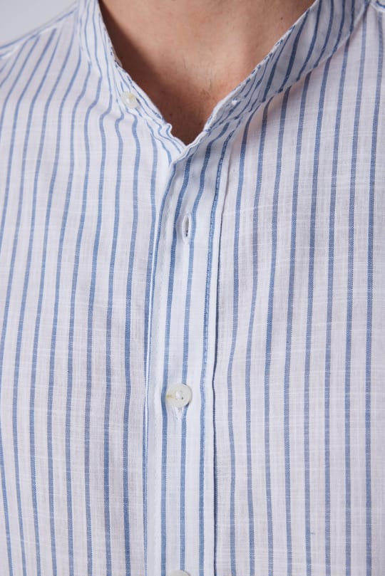 Erkek Slim Fit Dar Kesim Uzun Kollu %100 Pamuk Keten Doku Çizgili Hakim Yaka Gömlek