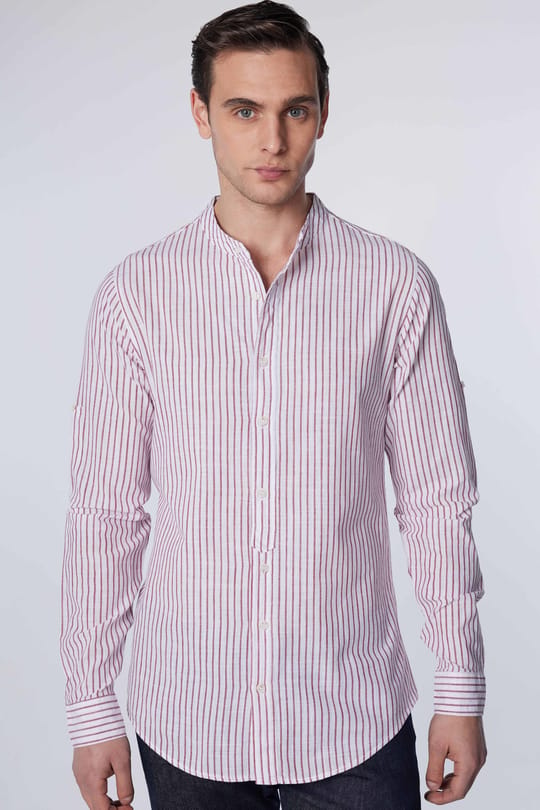 Erkek Slim Fit Dar Kesim Uzun Kollu %100 Pamuk Keten Doku Çizgili Hakim Yaka Gömlek