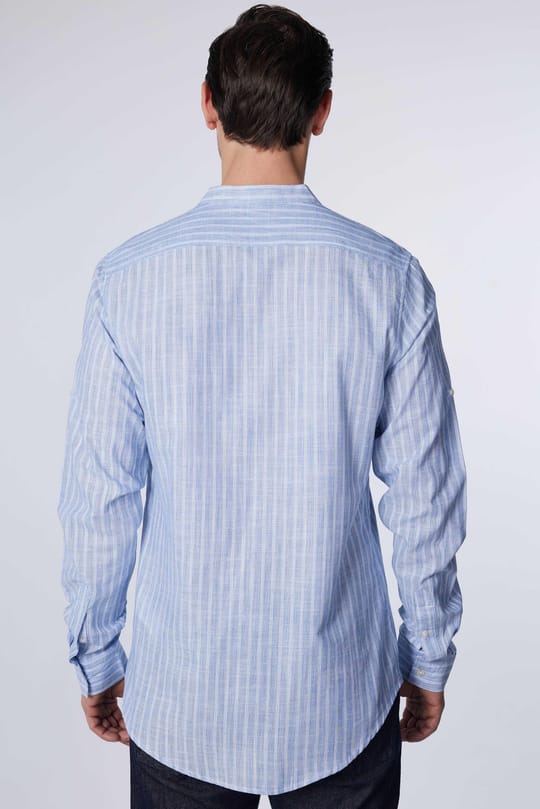 Erkek Slim Fit Dar Kesim Uzun Kollu %100 Pamuk Keten Doku Çizgili Hakim Yaka Gömlek