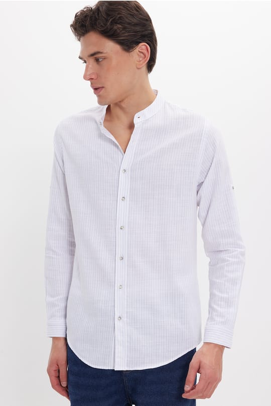Erkek Slim Fit Dar Kesim Uzun Kollu %100 Pamuk Keten Doku Çizgili Hakim Yaka Gömlek