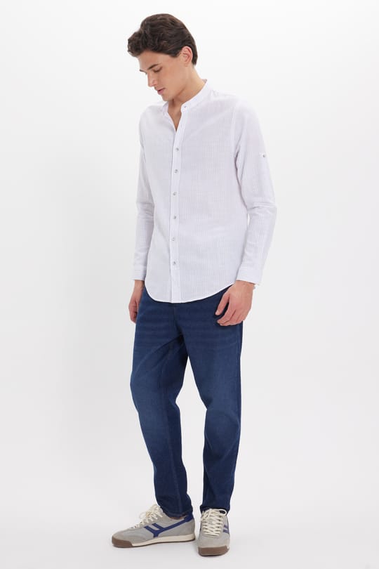 Erkek Slim Fit Dar Kesim Uzun Kollu %100 Pamuk Keten Doku Çizgili Hakim Yaka Gömlek