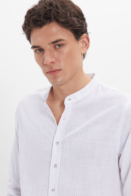 Erkek Slim Fit Dar Kesim Uzun Kollu %100 Pamuk Keten Doku Çizgili Hakim Yaka Gömlek