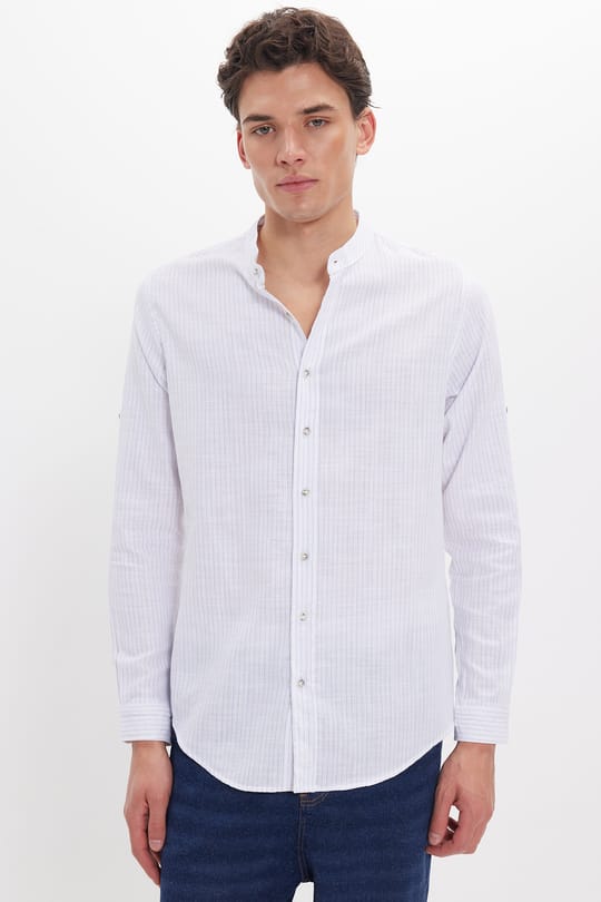 Erkek Slim Fit Dar Kesim Uzun Kollu %100 Pamuk Keten Doku Çizgili Hakim Yaka Gömlek
