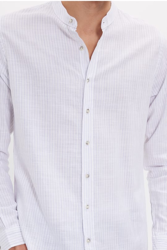 Erkek Slim Fit Dar Kesim Uzun Kollu %100 Pamuk Keten Doku Çizgili Hakim Yaka Gömlek