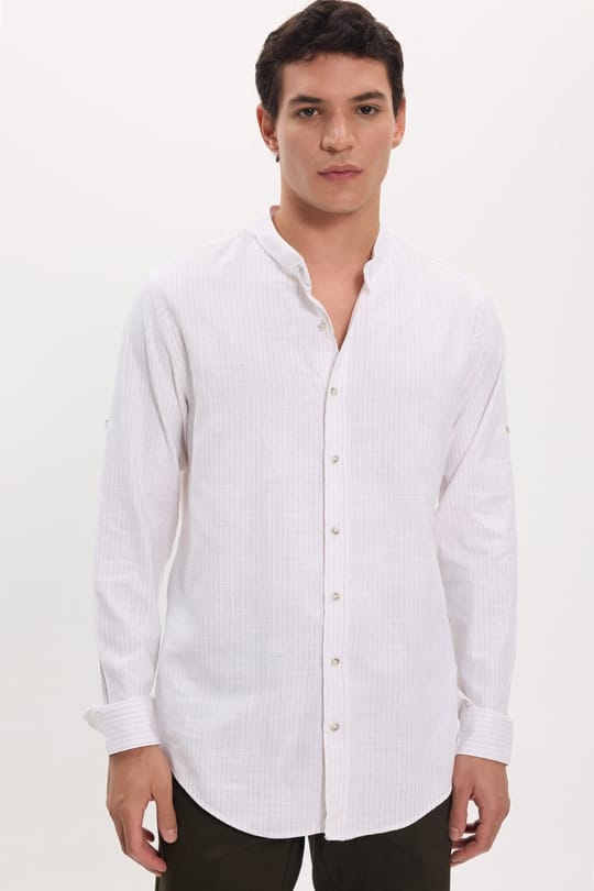 Erkek Slim Fit Dar Kesim Uzun Kollu %100 Pamuk Keten Doku Çizgili Hakim Yaka Gömlek