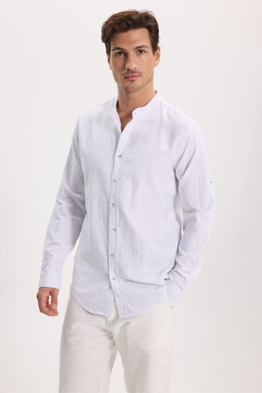 Erkek Slim Fit Dar Kesim Uzun Kollu %100 Pamuk Keten Doku Çizgili Hakim Yaka Gömlek