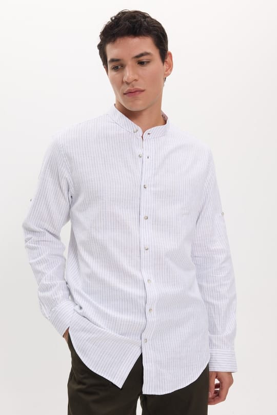 Erkek Slim Fit Dar Kesim Uzun Kollu %100 Pamuk Keten Doku Çizgili Hakim Yaka Gömlek
