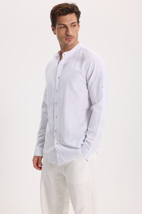 Erkek Slim Fit Dar Kesim Uzun Kollu %100 Pamuk Keten Doku Çizgili Hakim Yaka Gömlek