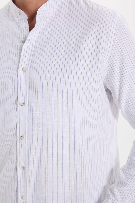 Erkek Slim Fit Dar Kesim Uzun Kollu %100 Pamuk Keten Doku Çizgili Hakim Yaka Gömlek