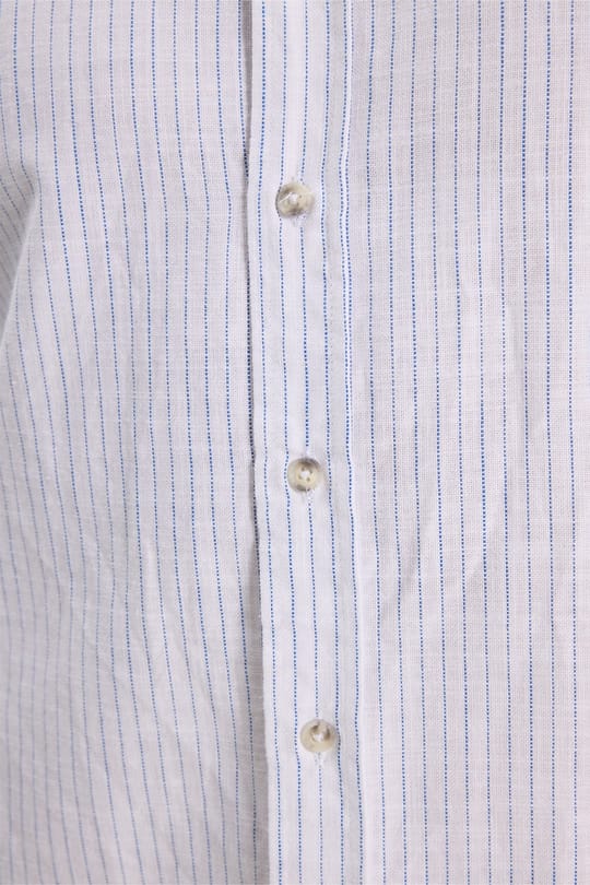 Erkek Slim Fit Dar Kesim Uzun Kollu %100 Pamuk Keten Doku Çizgili Hakim Yaka Gömlek