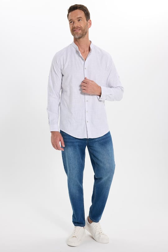 Erkek Slim Fit Dar Kesim Uzun Kollu %100 Pamuk Keten Doku Çizgili Hakim Yaka Gömlek