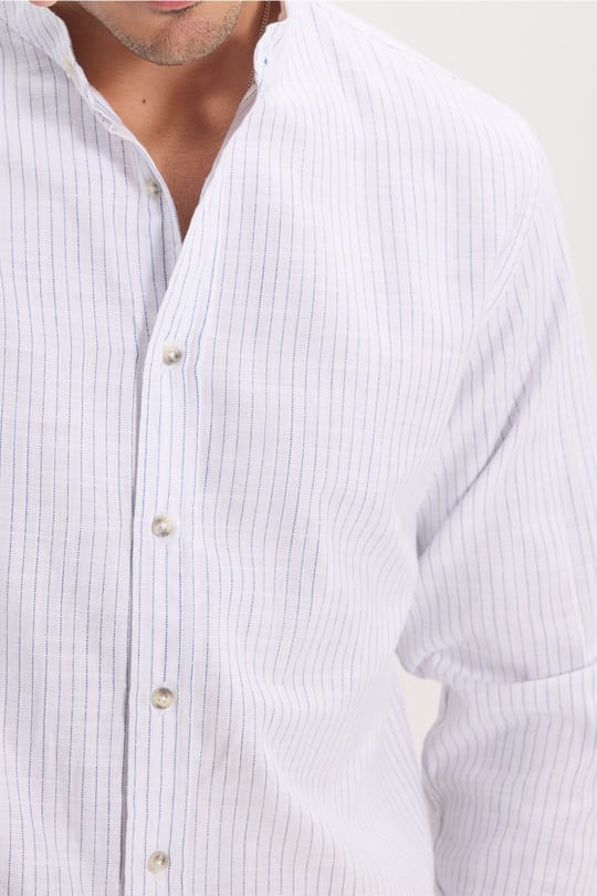 Erkek Slim Fit Dar Kesim Uzun Kollu %100 Pamuk Keten Doku Çizgili Hakim Yaka Gömlek