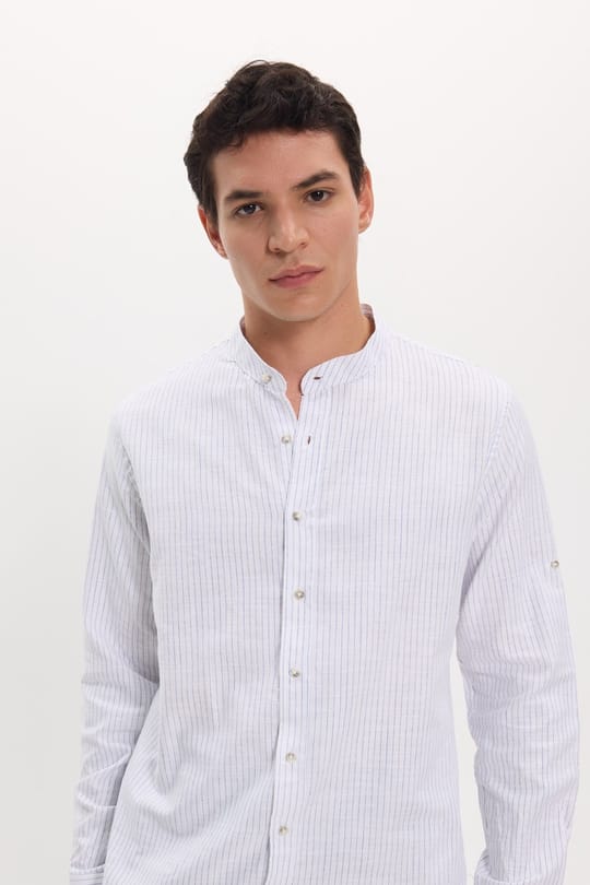 Erkek Slim Fit Dar Kesim Uzun Kollu %100 Pamuk Keten Doku Çizgili Hakim Yaka Gömlek
